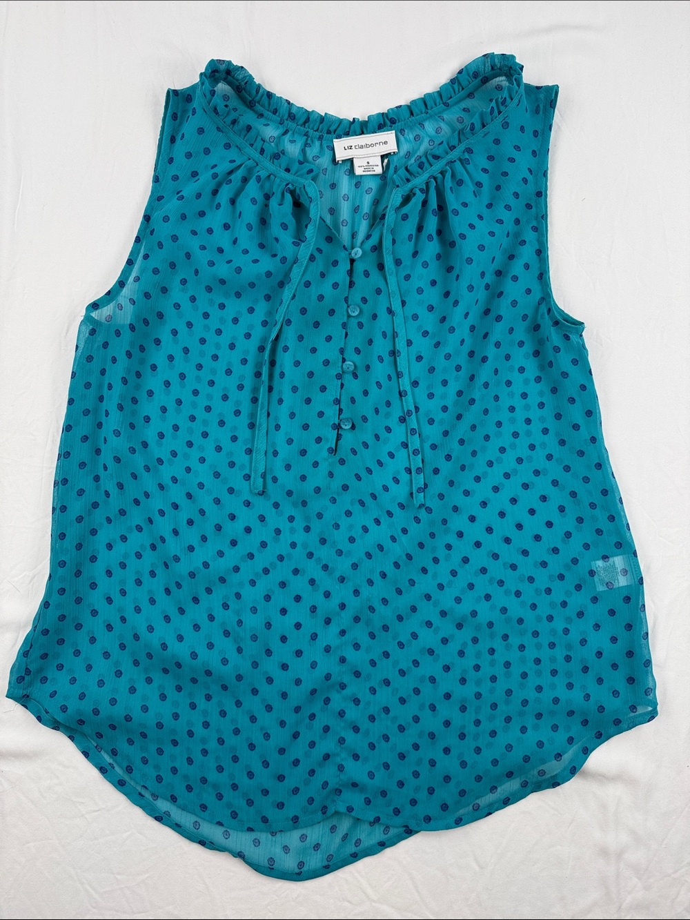 Liz Claiborne Teal Polka Dot Tie-Neck Sleeveless Blouse